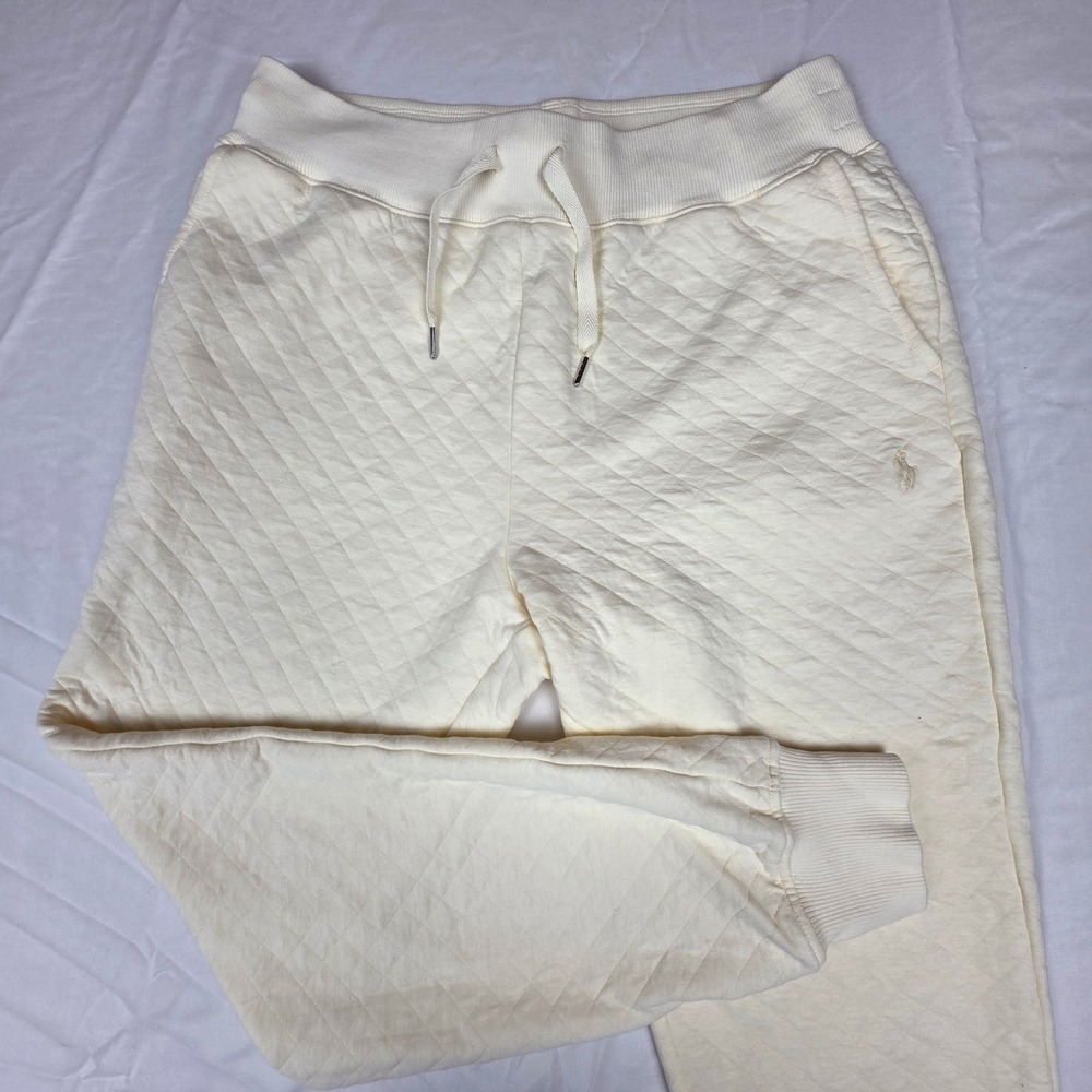 Polo Ralph Lauren Cream Quilted Jogger Sweatpants Womens Medium Off White Pony